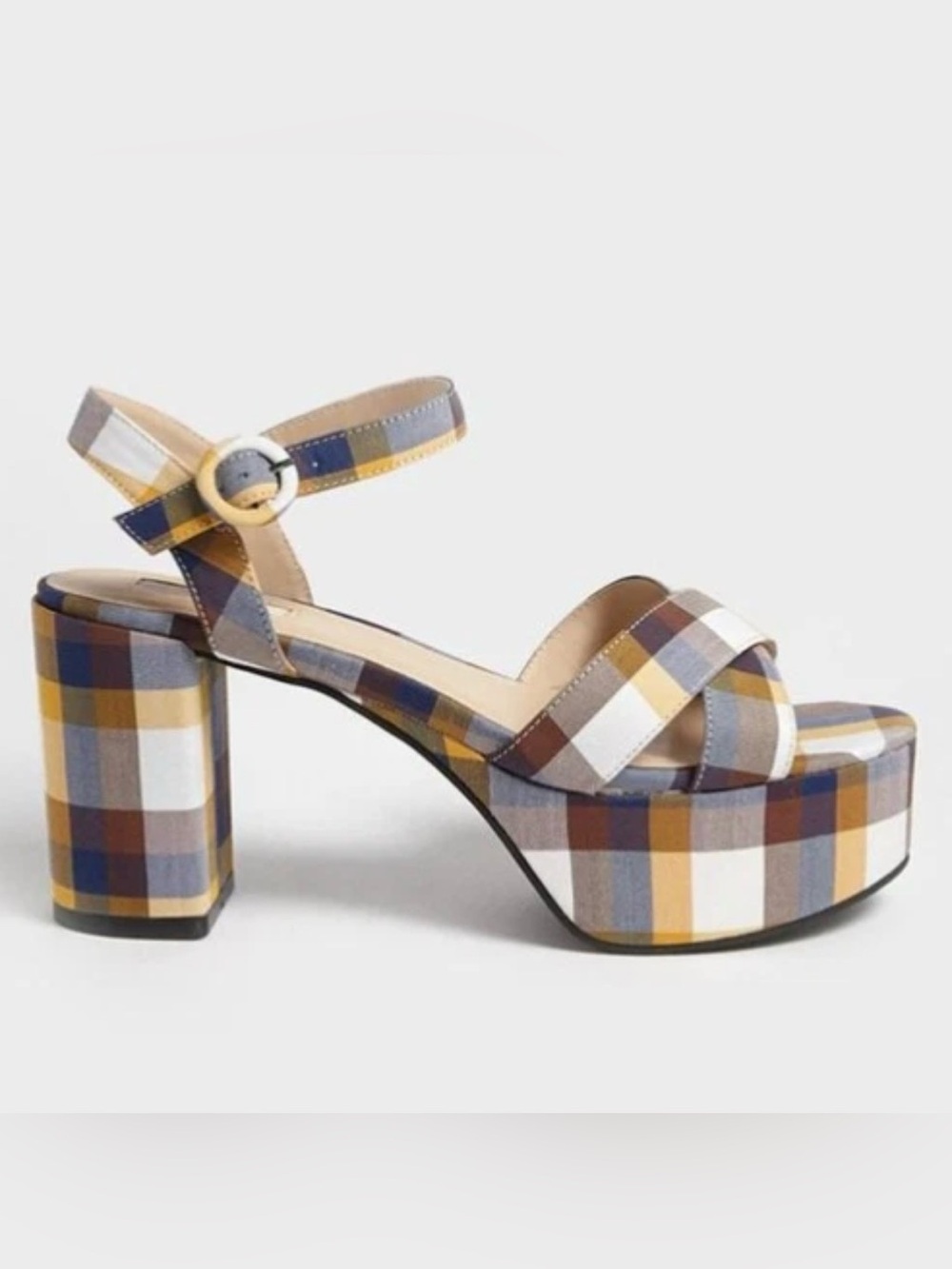 Forever 21 Plaid Platform Sandal - Blue, Yellow, Brown, White